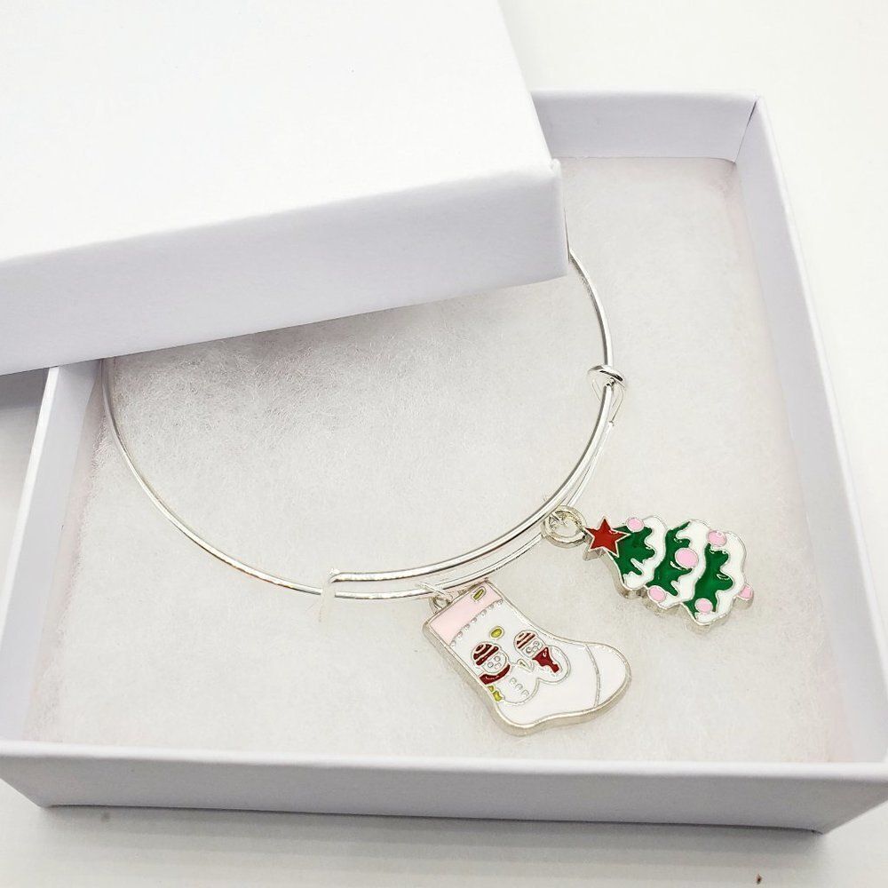 Christmas Tree Charm Bracelet, Silver Adjustable Jewelry For Women